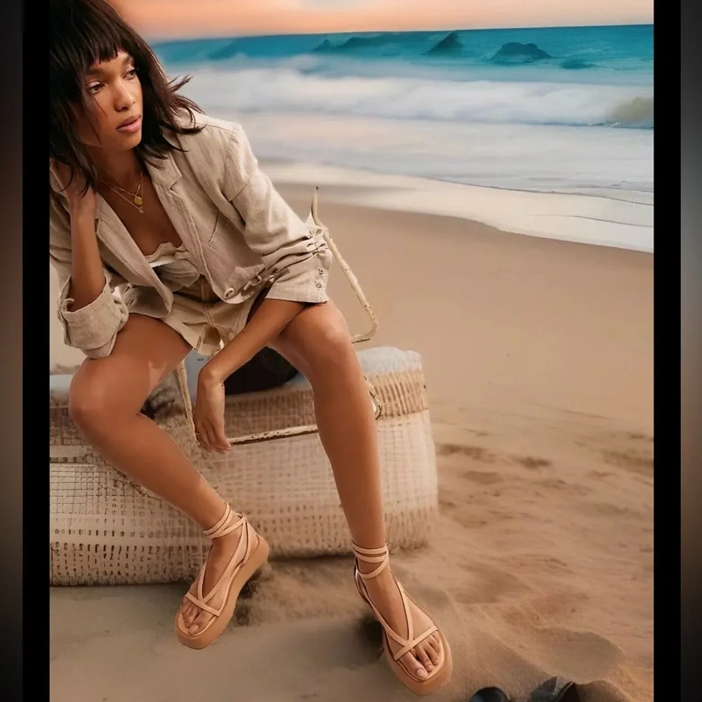 FREE PEOPLE So Strappy Sandals N Sunset Orange Leather Liner & Cord Straps